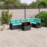 7 Piece Patio Sofa Set with Cushions Black Poly Rattan