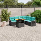 7 Piece Patio Sofa Set with Cushions Black Poly Rattan
