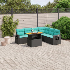 7 Piece Patio Sofa Set with Cushions Black Poly Rattan