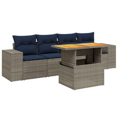 5 Piece Patio Sofa Set with Cushions Gray Poly Rattan