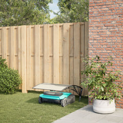 Black polycarbonate Bostome robot mower garage with sloped roof and metal stands.