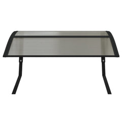 Black polycarbonate robot mower garage with sloped roof and metal stands, measuring 31.5x39.8x18.1 inches.