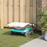 Black Bostome robot mower garage sheltering a teal mower in a garden, 31.5x39.8x18.1 inches.