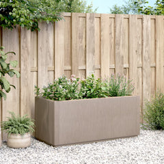 Light brown polypropylene garden planter with a 21.1-gallon capacity and weather-resistant design.