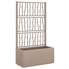 Light brown garden planter with integrated trellis made of polypropylene, measuring 31.5x14.2x55.1 inches.