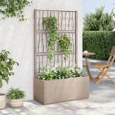 Light brown PP garden planter with integrated trellis, measuring 31.5x14.2x55.1 inches, holding plants.