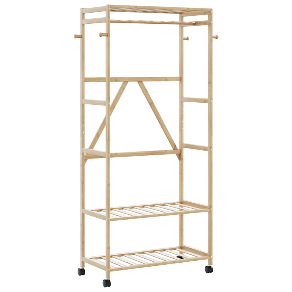 Bamboo clothes rack with shelves, hooks, wheels, and natural wood finish.