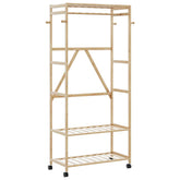 Bamboo clothes rack with shelves, hooks, wheels, and natural wood finish.