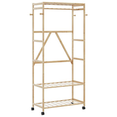 Bamboo clothes rack with shelves, hooks, wheels, and natural wood finish.