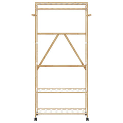 Bamboo clothes rack with shelves, hooks, wheels, and natural wood finish.