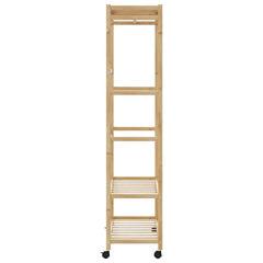 Tall bamboo clothes rack with shelves, hanging rod, hooks, and wheels in natural wood finish.