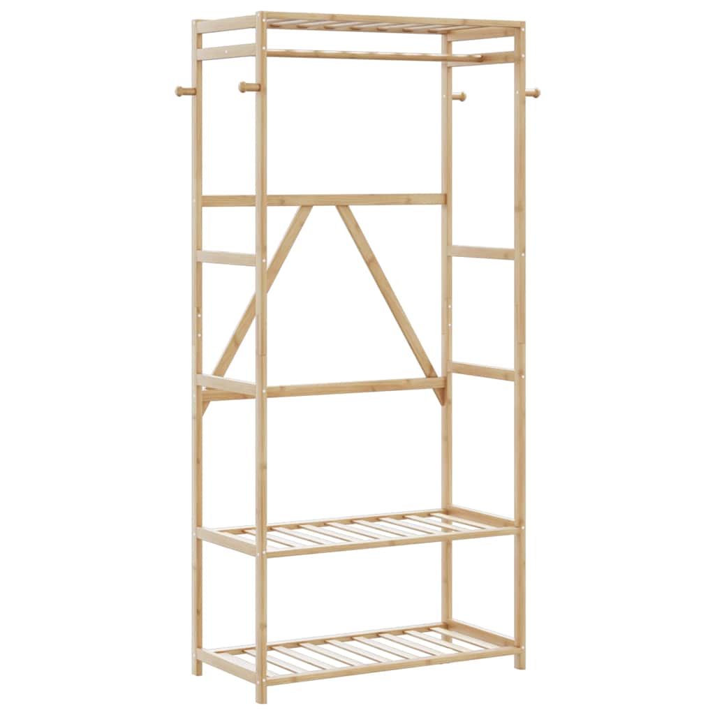 Natural wood clothes rack with three shelves and side hooks for organized garment storage.