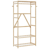 Natural wood clothes rack with three shelves and side hooks for organized garment storage.