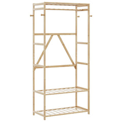 Natural wood clothes rack with three shelves and side hooks for organized garment storage.