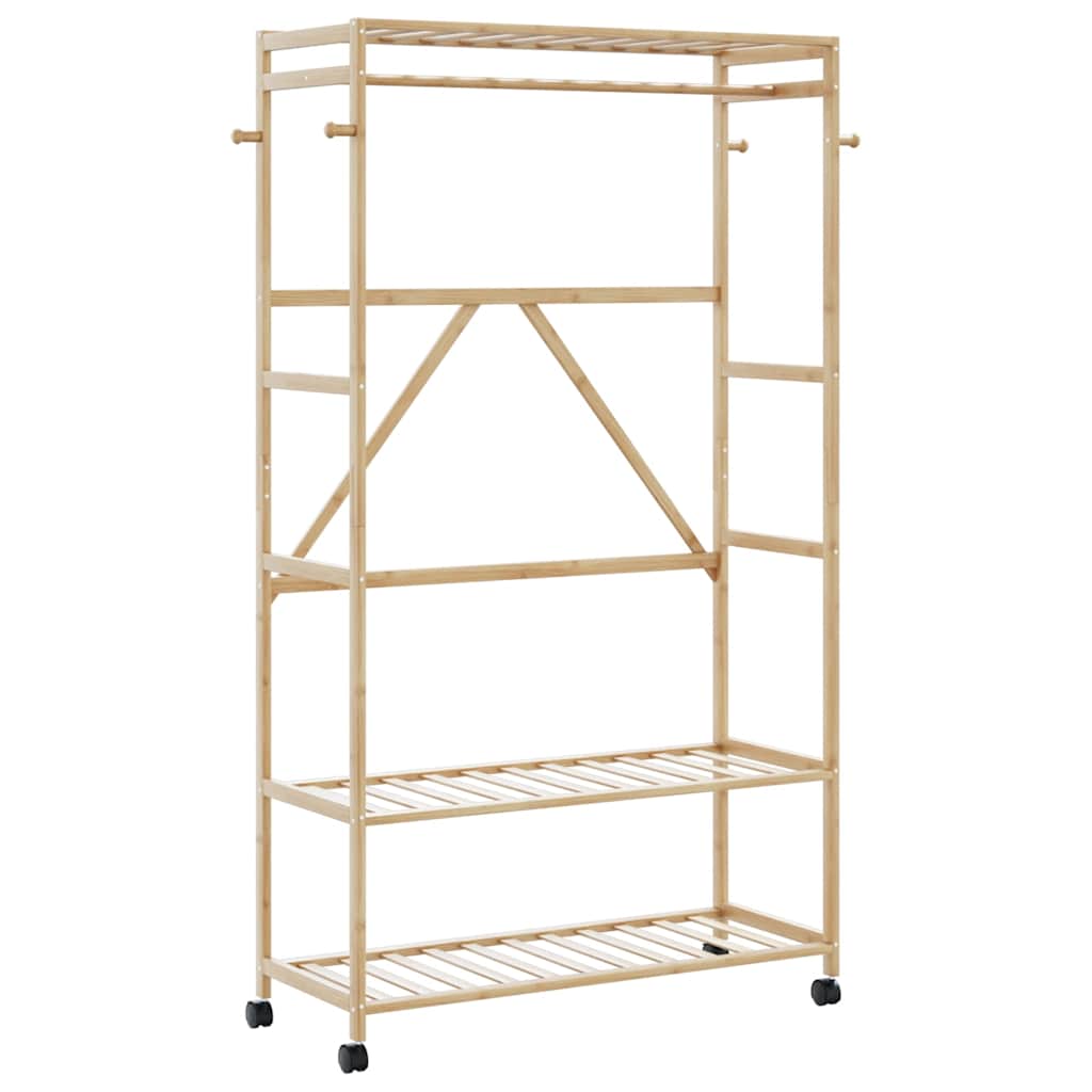 Bamboo clothes rack with shelves, hooks, hanging rod, and lockable wheels, 43.3 inches wide.