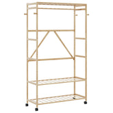 Bamboo clothes rack with shelves, hooks, hanging rod, and lockable wheels, 43.3 inches wide.