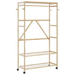 Bamboo clothes rack with shelves, hooks, hanging rod, and lockable wheels, 43.3 inches wide.