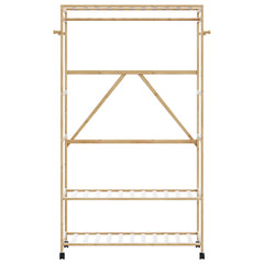 Bamboo clothes rack with shelves, hooks, and wheels, 43.3 inches wide.