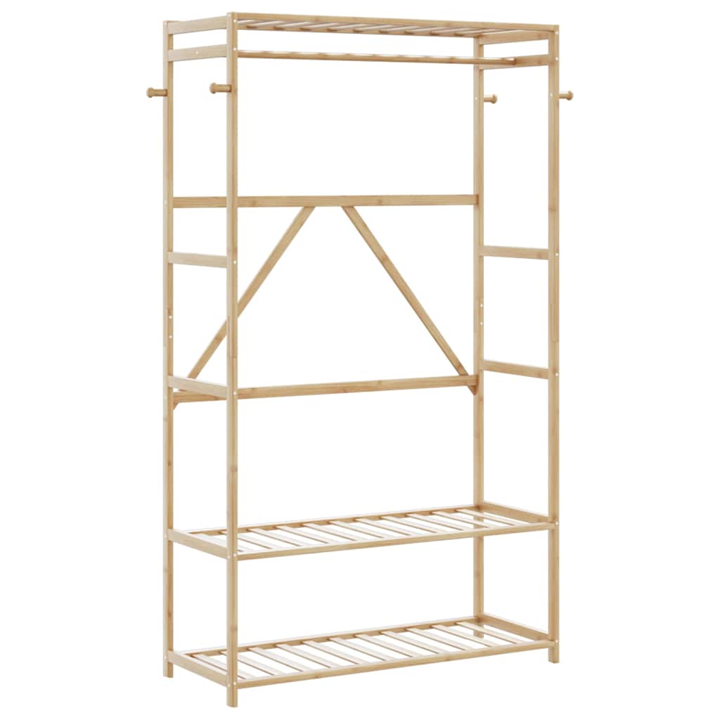 Natural wood clothes rack with three shelves, a hanging rod, and side hooks for organization.