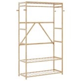 Natural wood clothes rack with three shelves, a hanging rod, and side hooks for organization.