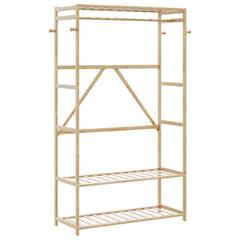 Natural wood clothes rack with three shelves, a hanging rod, and side hooks for organization.