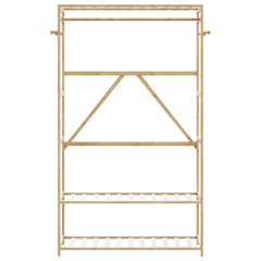 Natural wood clothes rack with three shelves, hanging rod, and side hooks for organization.