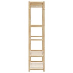 Bostome bamboo clothes rack with three shelves and hanging rod for organized garment storage.