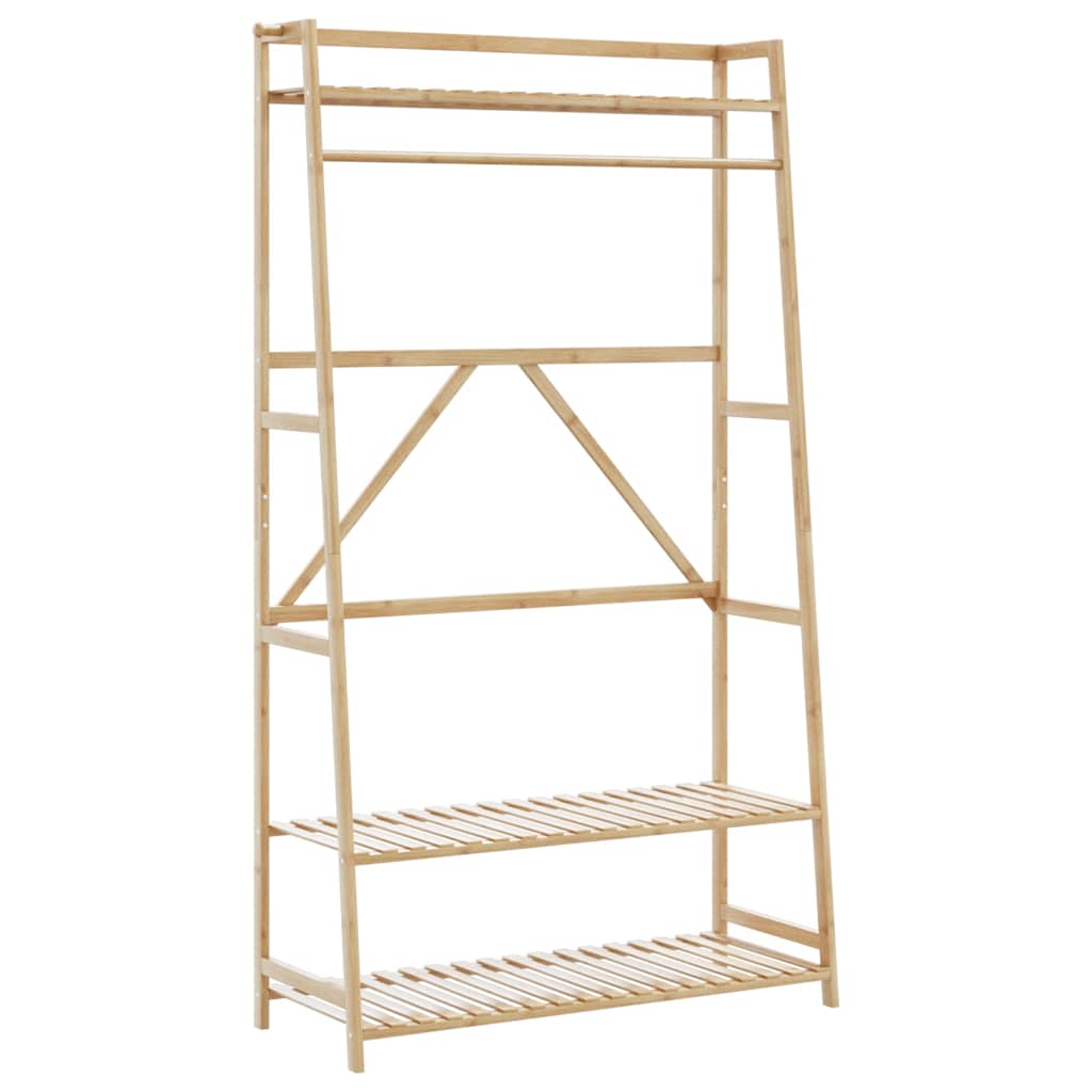 Bamboo clothes rack with hanging rod and three shelves, 43.3x15.7x70.9 inches.