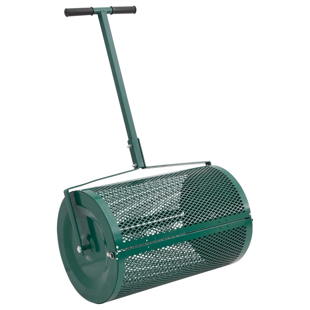 Green steel compost spreader with 15.7x23.6 inch mesh roller and T-handle.
