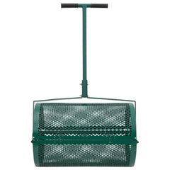 Green steel compost spreader with T-handle and diamond-patterned 15.7x23.6 inch roller.
