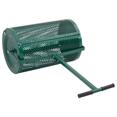 Green steel compost spreader with 15.7x23.6-inch mesh roller and handle.