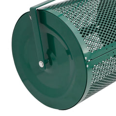 Green steel compost spreader with 15.7x23.6 inch roller and mesh design.