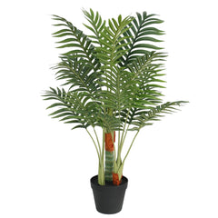 Artificial 3-trunk green palm tree, 33.5 inches tall, in black pot.