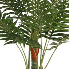 Artificial palm tree with three green trunks and lush leaves, 33.5 inches tall in a cement pot.