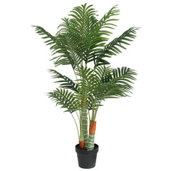 Artificial palm tree with three green trunks and fronds in a black pot, 47.2 inches tall.