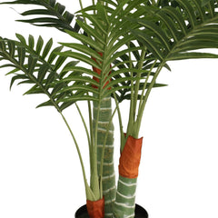 Artificial green palm tree with three trunks and lush fronds in a black pot, 47.2 inches tall.