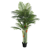 A 70.9-inch artificial palm tree with three green trunks and lush PP fronds in a black pot.