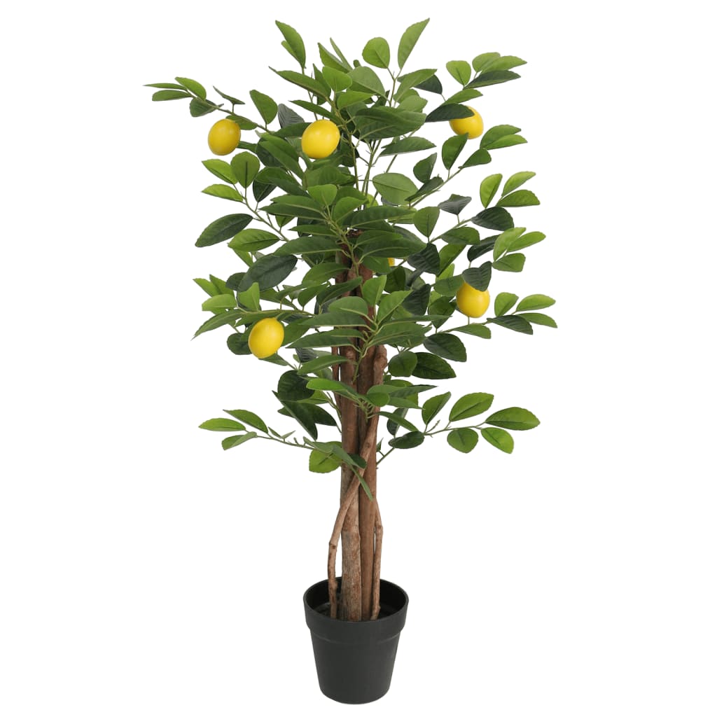 Artificial lemon tree with 3 green trunks, lush leaves, yellow lemons, and black pot, 33.5 inches tall.