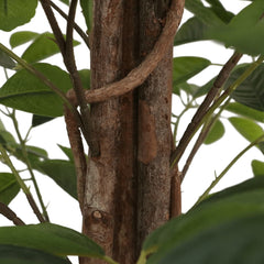 Artificial lemon tree with three green trunks, lush leaves, and foam lemons in a pot, 33.5 inches tall.