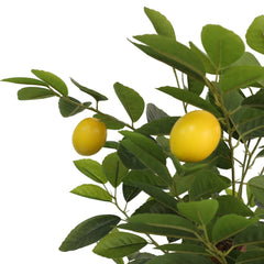 Artificial lemon tree with 3 green trunks, lush leaves, and yellow lemons, 33.5 inches tall.