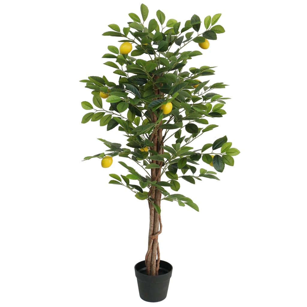 Artificial lemon tree with three green trunks, lush leaves, and lemons in a black pot, 47.2 inches tall.