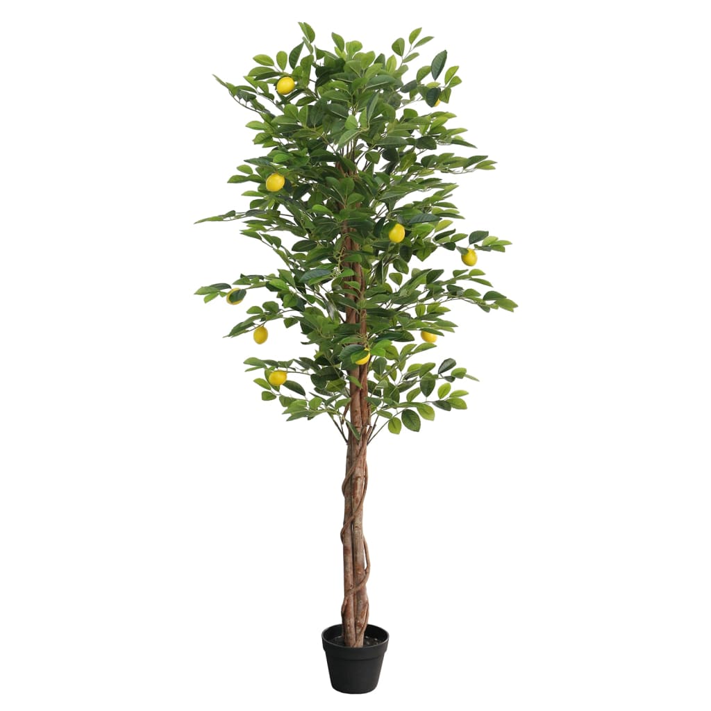Artificial lemon tree with 3 green trunks, 70.9-inch height, in black pot.