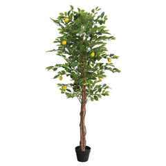 Artificial lemon tree with 3 green trunks, 70.9-inch height, in black pot.