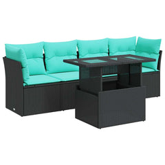 5 Piece Patio Sofa Set with Cushions Black Poly Rattan Acacia