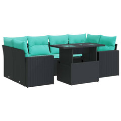 7 Piece Patio Sofa Set with Cushions Black Poly Rattan Acacia