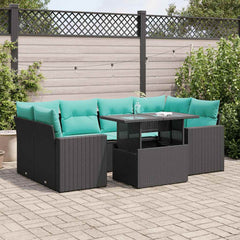 7 Piece Patio Sofa Set with Cushions Black Poly Rattan Acacia