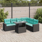 7 Piece Patio Sofa Set with Cushions Black Poly Rattan Acacia