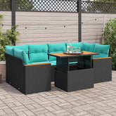 7 Piece Patio Sofa Set with Cushions Black Poly Rattan