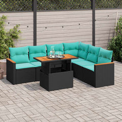 7 Piece Patio Sofa Set with Cushions Black Poly Rattan