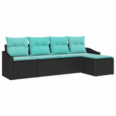 Sofa Set with Cushion 5 pcs Black and Turquoise Poly Rattan